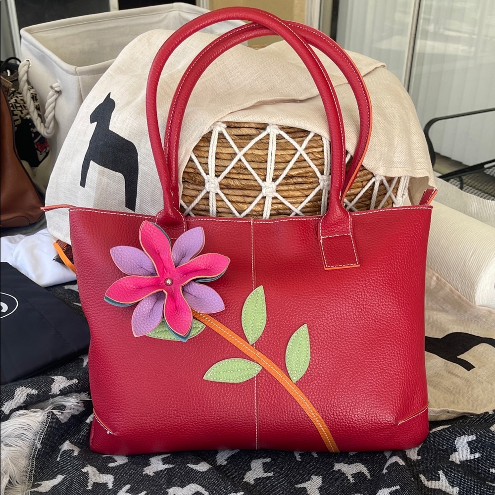 Red Leather Tote Bag with Floral Design